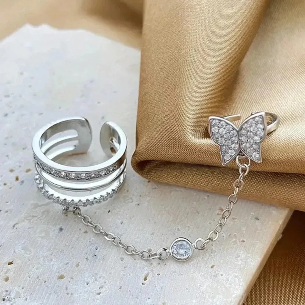 NWOT Adjustable Rhinestone Butterfly Tassle Ring Set - Picture 5 of 7